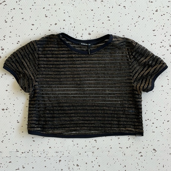 💘 KORAL - BLACK & GOLD STRIPE TERRAIN DISCONNECT SHEER MESH CROP TOP - Picture 3 of 8